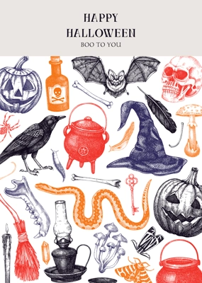 Halloween invitation design template. Skull, bones, Halloween pumpkin, poisonous mushrooms, snakes, raven sketches. Hand drawn vector illustration. Witchcraft shop flyer, greeting card, book cover,